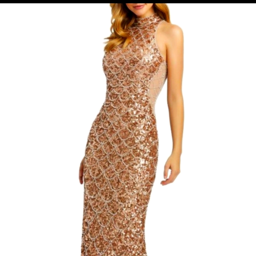 NWOT, Formal Mac Duggal Column Gown, Sz. 8, Rose Gold/Copper, sleeveless